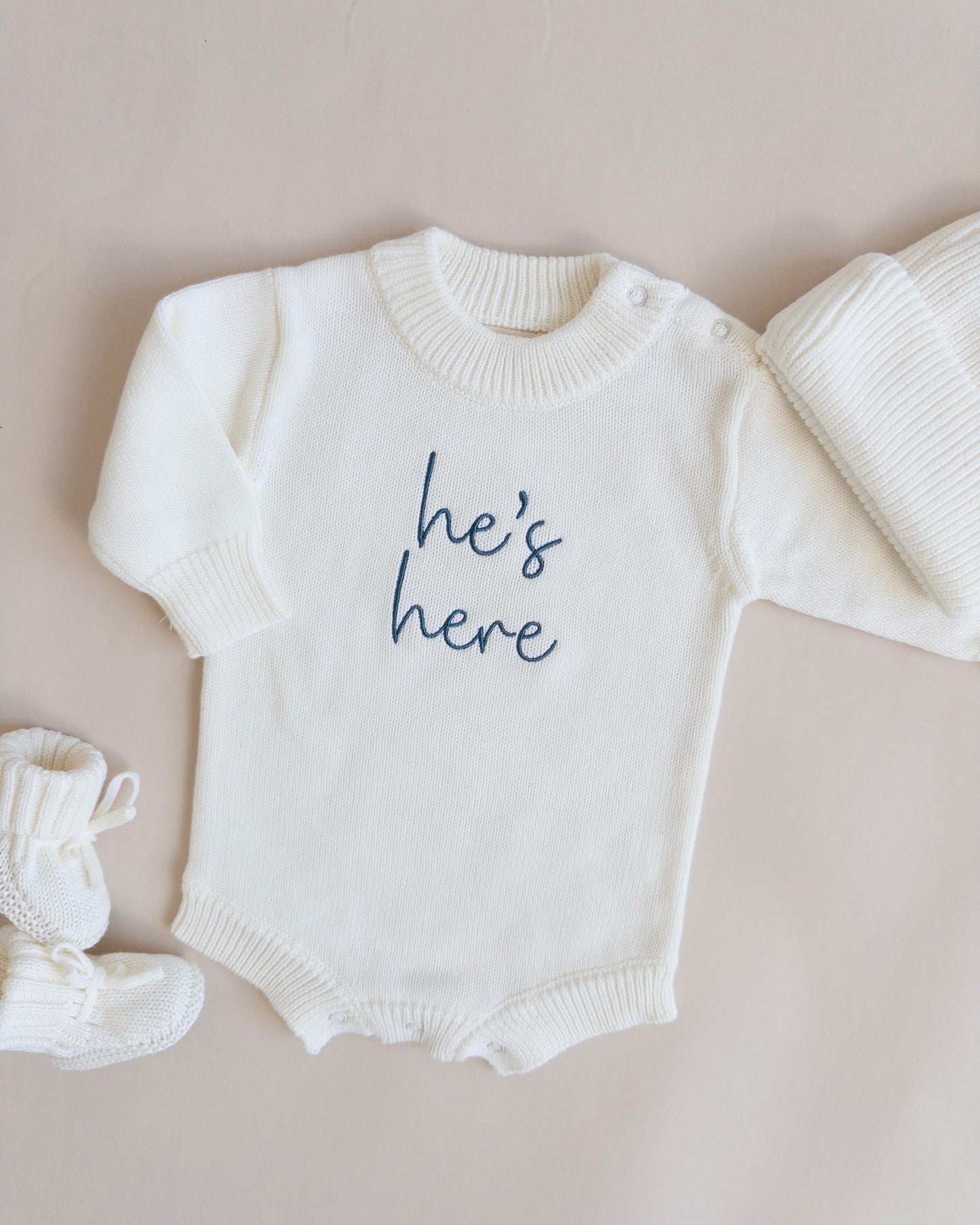 He's Here Knit Romper - Cloud