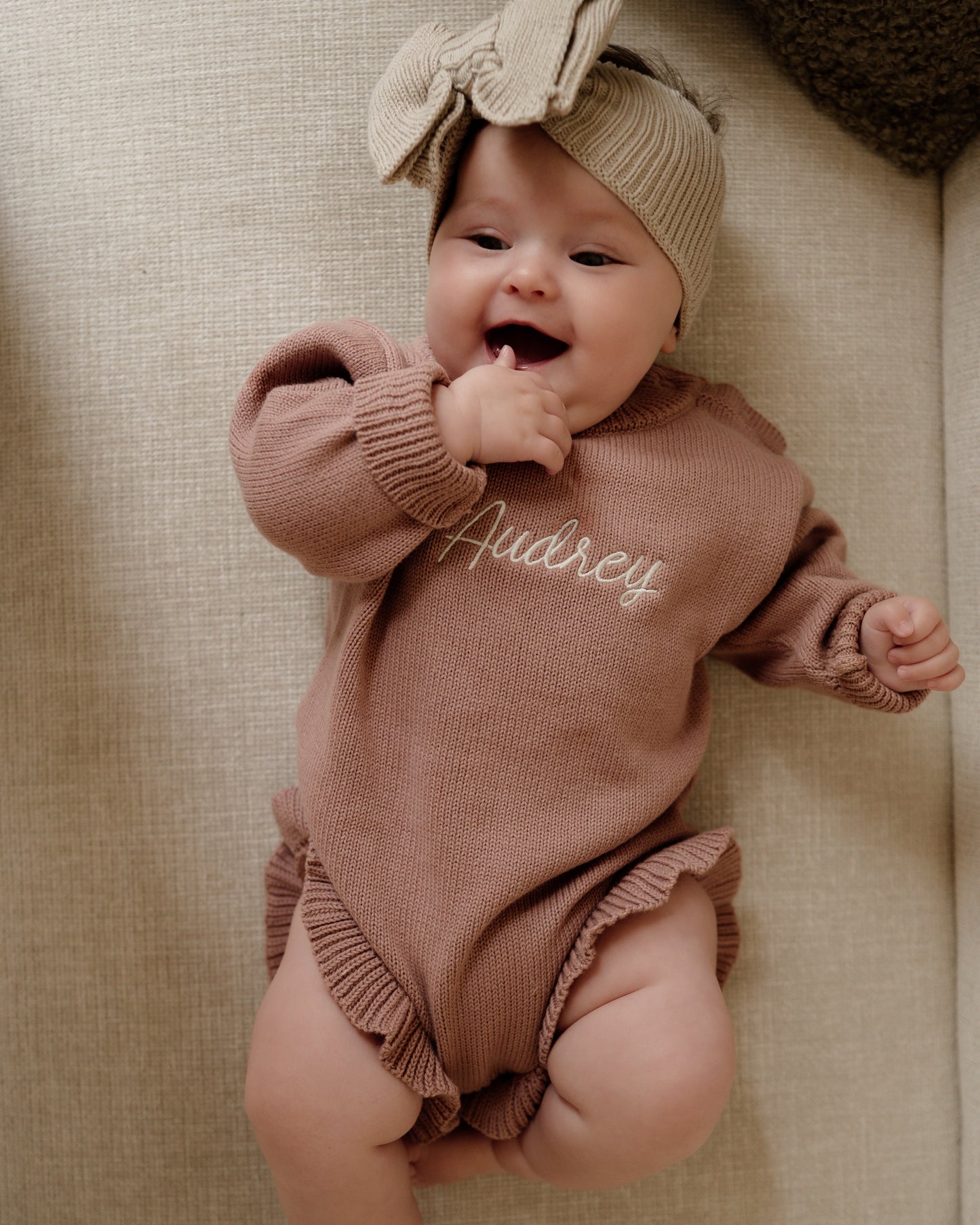 Frill Leg Knit Romper - Vintage Rose