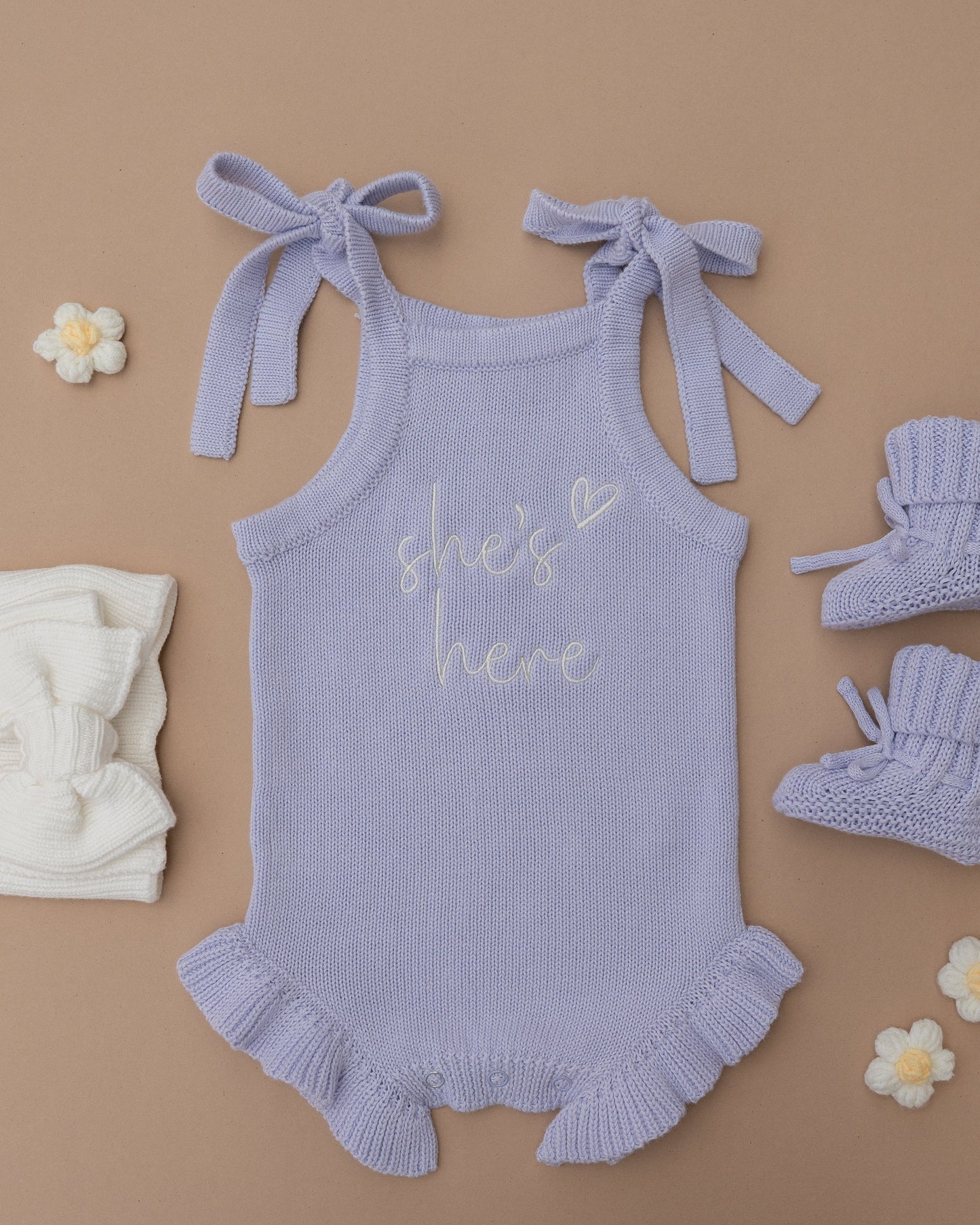 She's Here Frill Leg Summer Knit Romper - Lavender