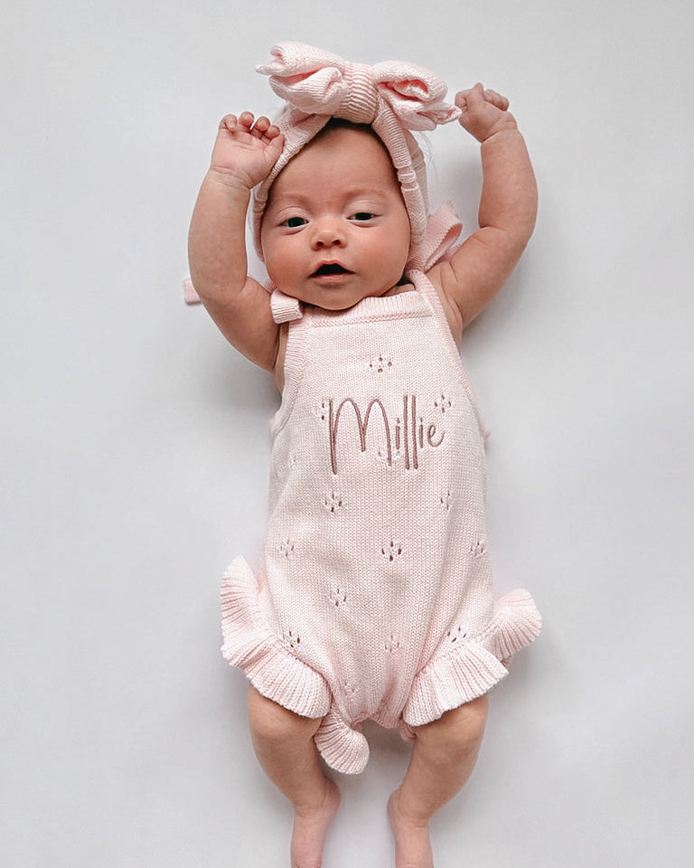 Pointelle Frill Summer Knit Romper - Blush