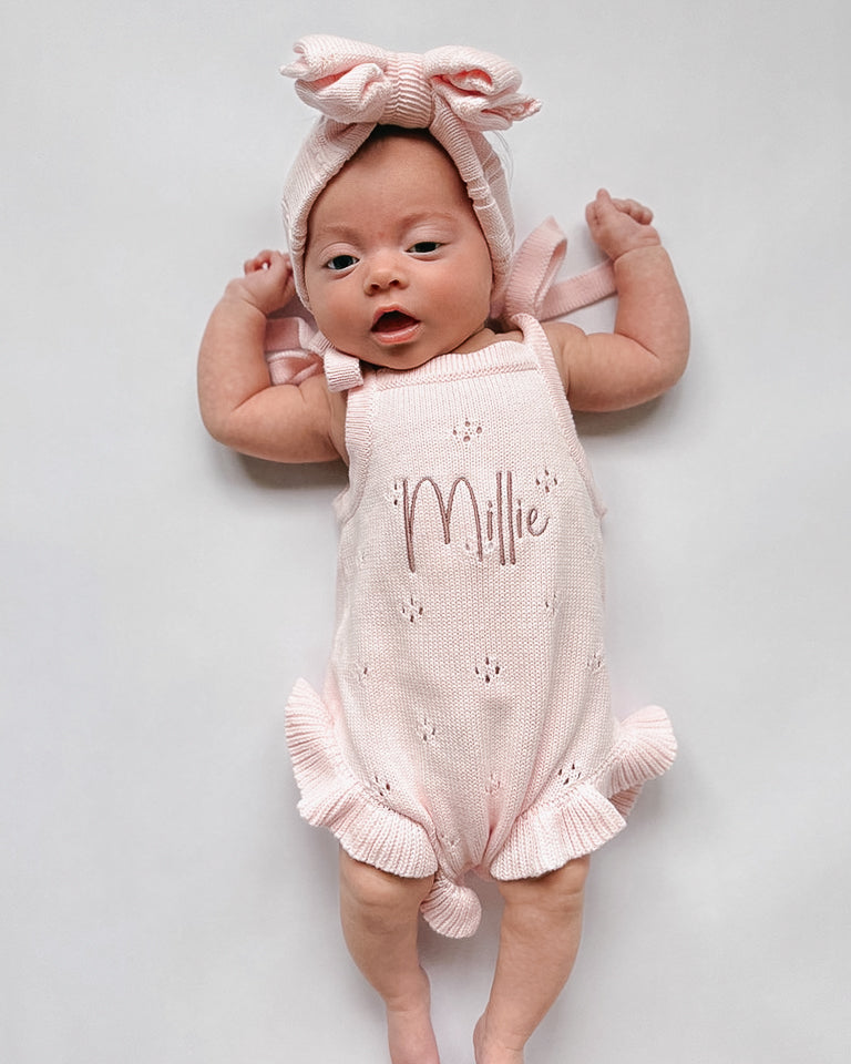 Pointelle Frill Summer Knit Romper - Blush