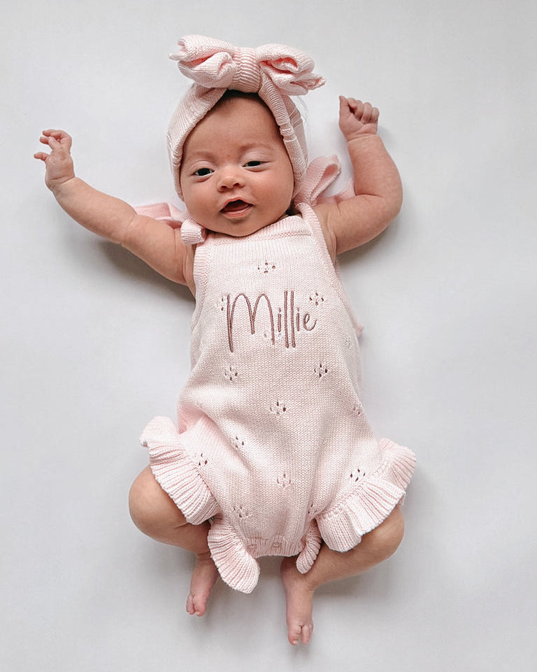 Pointelle Frill Summer Knit Romper - Blush