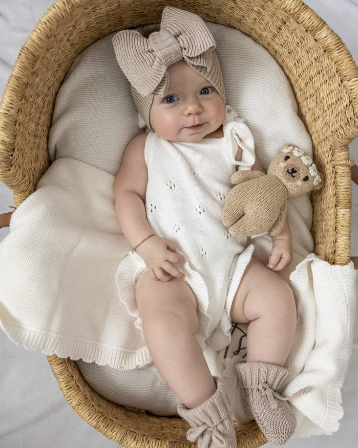 Pointelle Frill Summer Knit Romper - Cloud