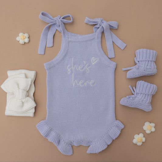 She's Here Frill Leg Summer Knit Romper - Lavender