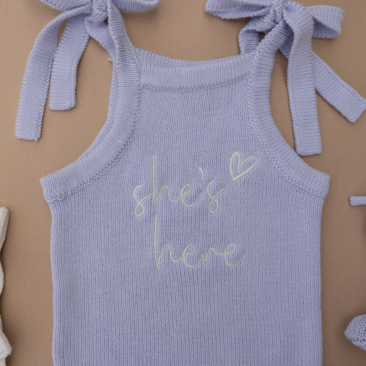 She's Here Frill Leg Summer Knit Romper - Lavender