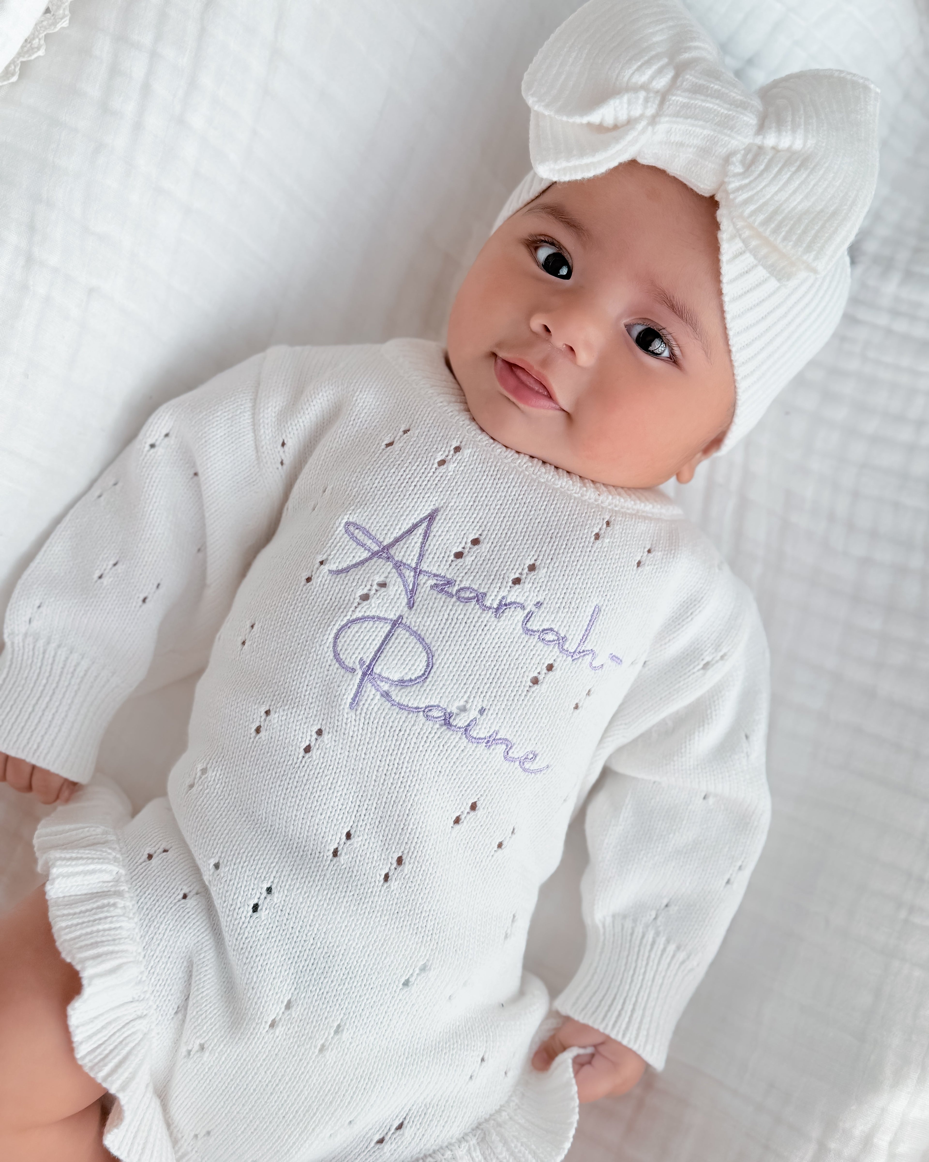 Pointelle Frill Knit Romper - Cloud