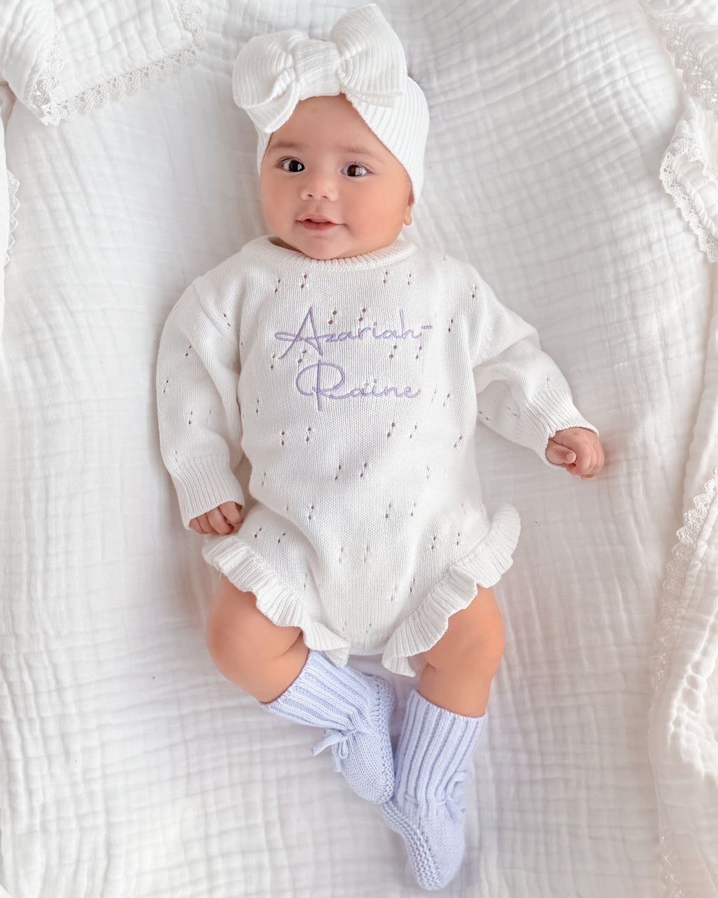 Pointelle Frill Knit Romper - Cloud