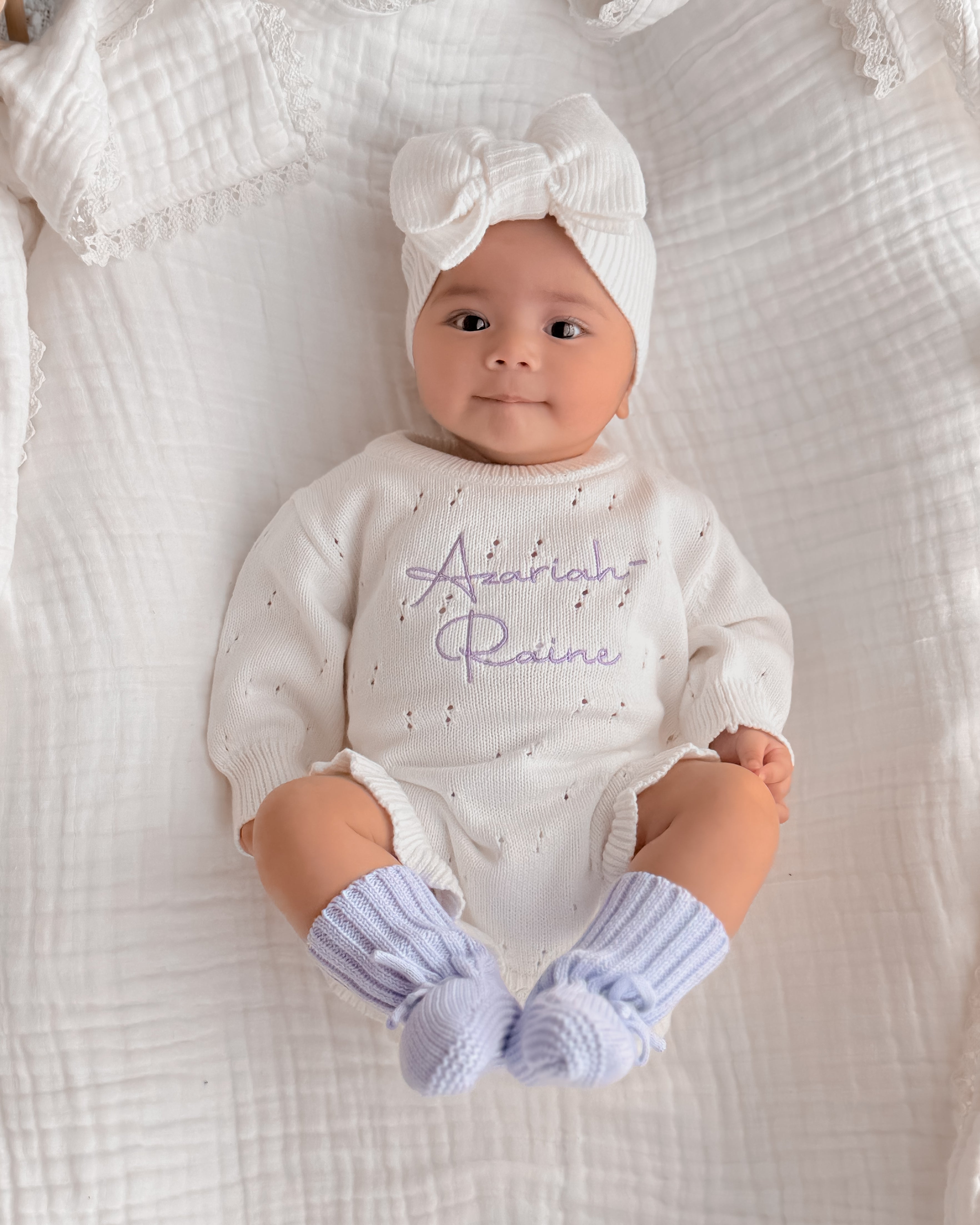 Pointelle Frill Knit Romper - Cloud